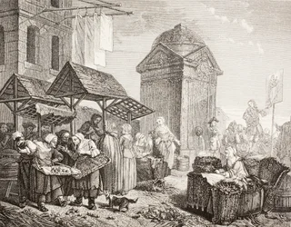 Der Markt auf der Place Maubert in Paris im 18. Jahrhundert, nach einem Werk von Jeaurat, aus „XVIII Siècle Institutions, Usages et Costumes“, veröffentlicht 1875